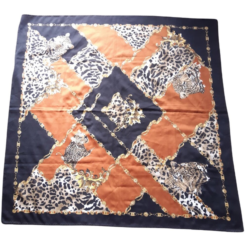 Leopard Print Silk Orange, Black and Gold Suare Scarf 90 cm